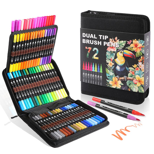 Dual Brush Marker Pens, 72 Colors Art Markers Set with Fine Tip and Brush Tip for Kids Adult Coloring Book Hand Lettering Calligraphy Drawing Art Supplies Kit